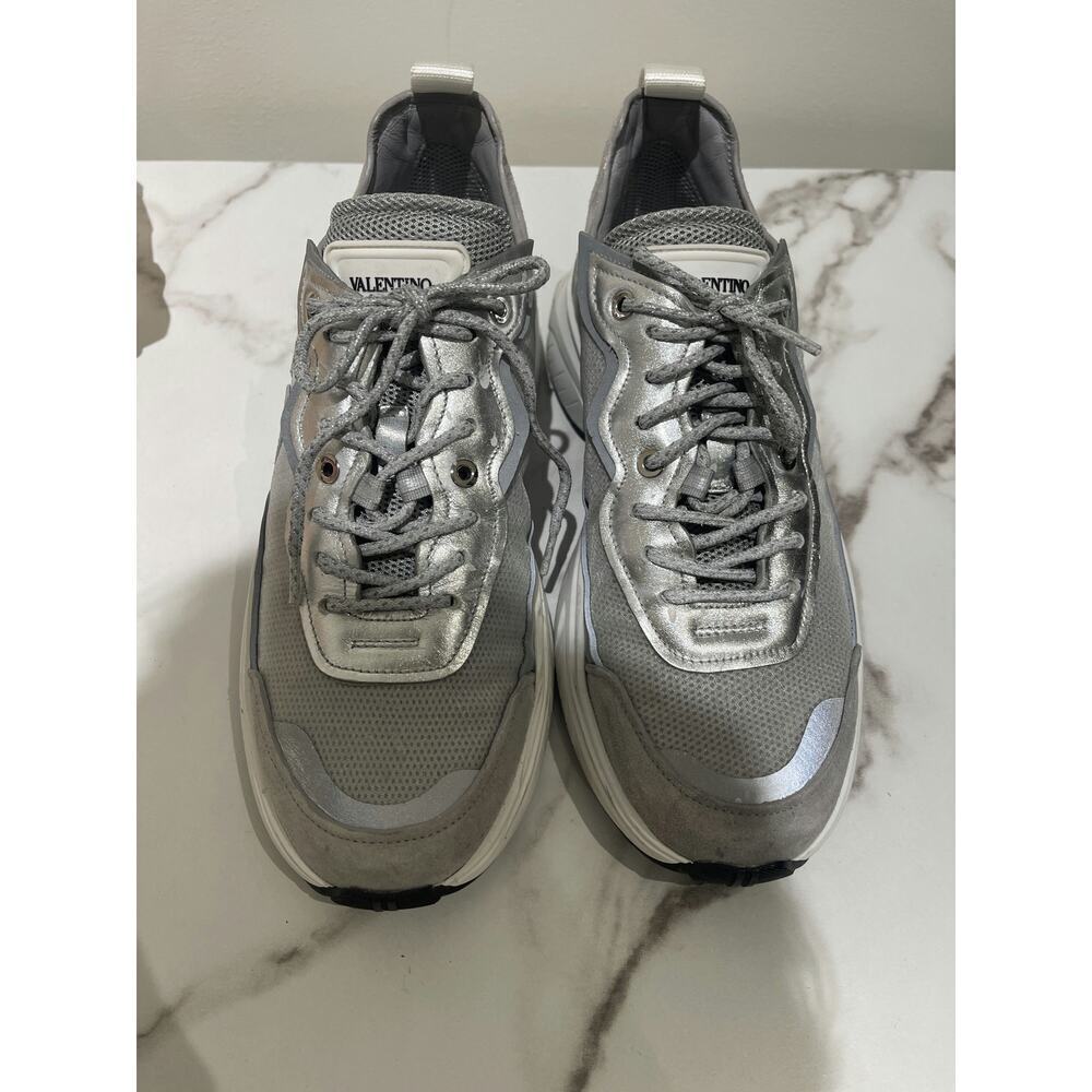 Valentino Garavani Silver and Grey Mesh and Suede Sneakers